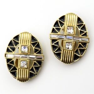 Vintage Givenchy Art Deco Style Gold Tone Enamel Clip On Earrings
